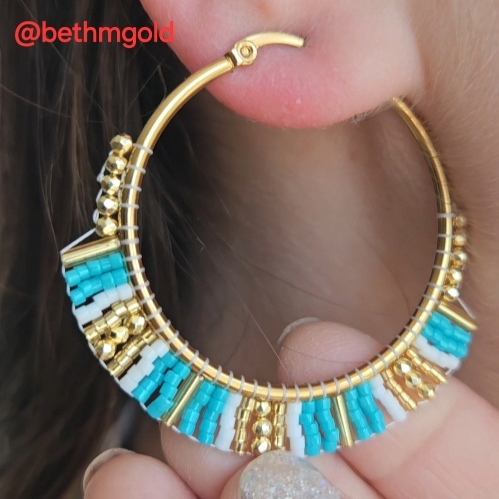 Beaded Hoop Earrings Blue & White Miyuki Rice Beads - Picture 6 of 13